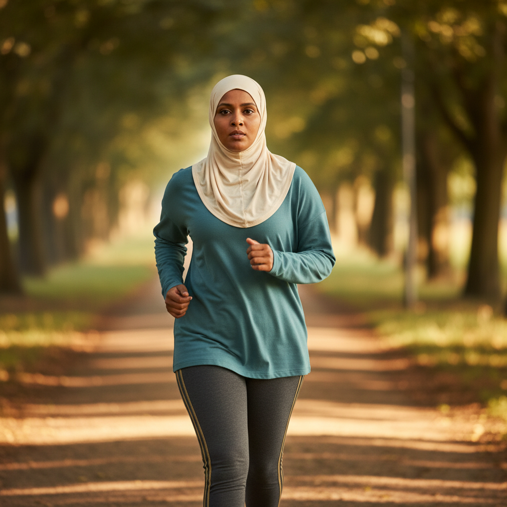 Hijabi woman jogging on a tree-lined path