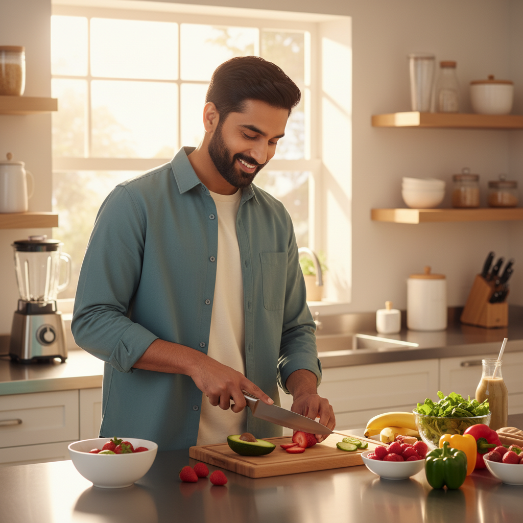 Muslim man preparing a healthy breakfast